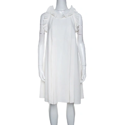 Pre-owned Fendi Off White Silk Ruffle Detail Pleated Short Dress S