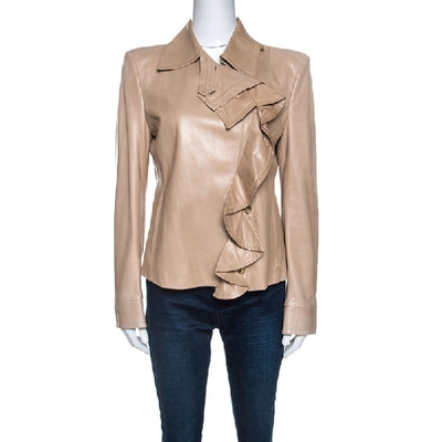 Pre-owned Saint Laurent Beige Leather Ruffle Detail Jacket L