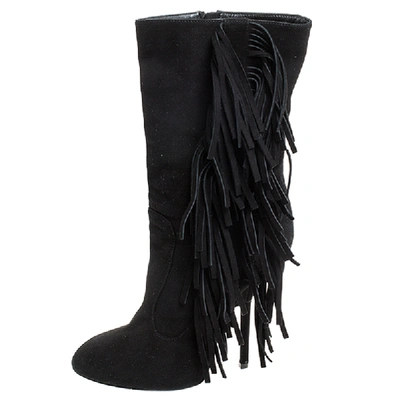 Pre-owned Giuseppe Zanotti Black Suede Fringe Detail Mid Calf Boots Size 38.5