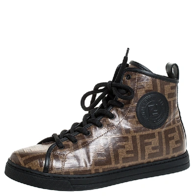Pre-owned Fendi Brown Zucca Coated Canvas Lace Up High Top Sneakers Size 38