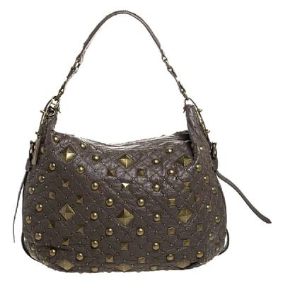 Pre-owned Dkny Taupe Quilted Leather Studded Hobo In Grey