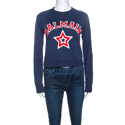 Pre-owned Balmain Navy Blue Logo Embroidered Knit Cropped Top S