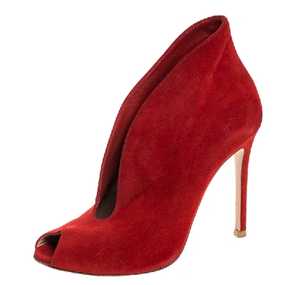 Pre-owned Gianvito Rossi Red Suede Vamp Peep Toe Booties Size 35