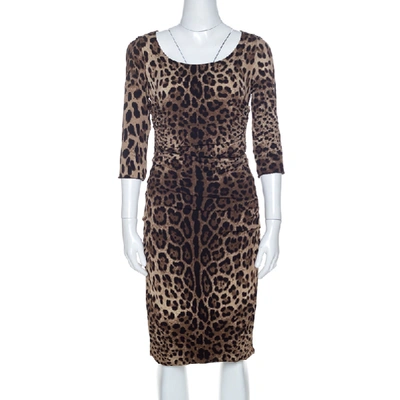 Pre-owned Dolce & Gabbana Brown Crepe Leopard Print Ruched Detail Dress M
