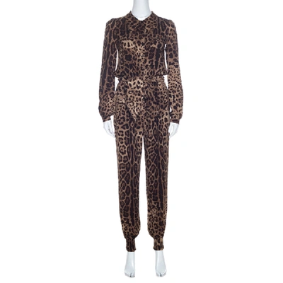 Pre-owned Dolce & Gabbana Brown Crepe Leopard Print Button Front Jumpsuit Xs