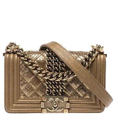 Pre-owned Chanel Gold Snakeskin And Leather Small Chain Boy Flap Bag