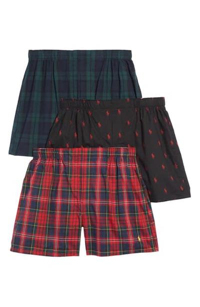 Shop Polo Ralph Lauren 3-pack Woven Boxers In Polo Black/ Green/ Red