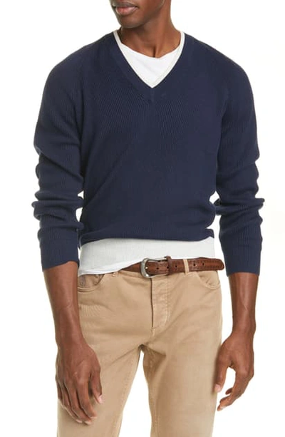 Shop Brunello Cucinelli Melange Cotton V-neck Sweater In Blue