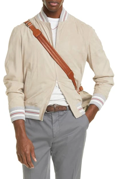 Shop Brunello Cucinelli Suede Bomber Jacket In Beige