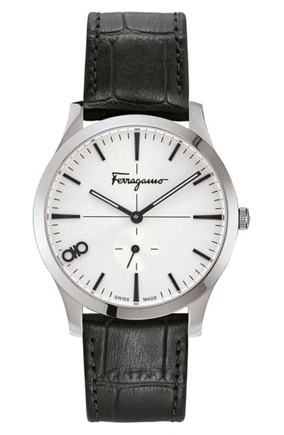 Shop Ferragamo Slim Leather Strap Watch, 40mm In Black/ Silver Sunray