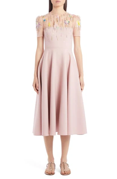 Shop Valentino Embellished Illusion Yoke Wool & Silk Midi Dress In Soft Pink