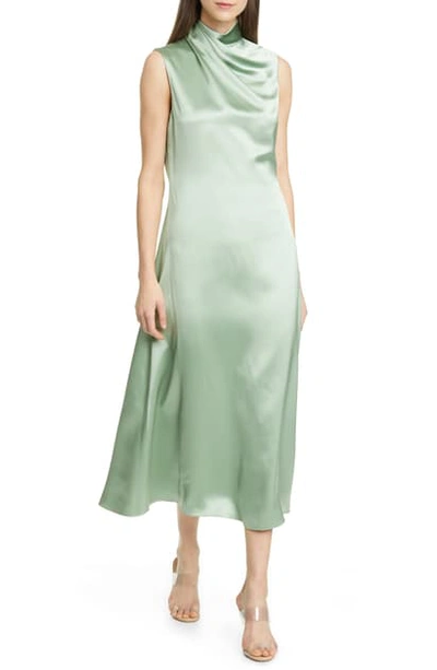 Shop Brandon Maxwell Drape Neck Silk Tea Length Dress In Mint