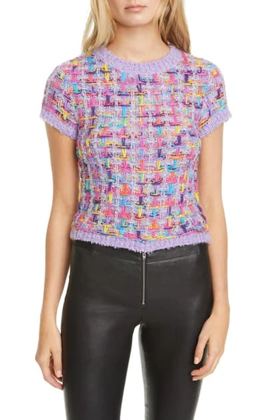 Shop Alice And Olivia Ciara Metallic Tweed Short Sleeve Crop Sweater In Lavender/ Silver/ Multi