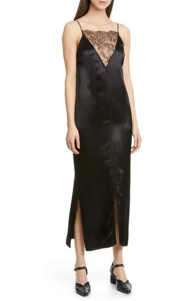 Shop Khaite Lace Inset Satin Midi Slipdress In Black