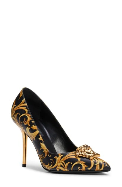 Shop Versace Palazzo Pointed Toe Pump In Black/ Gold