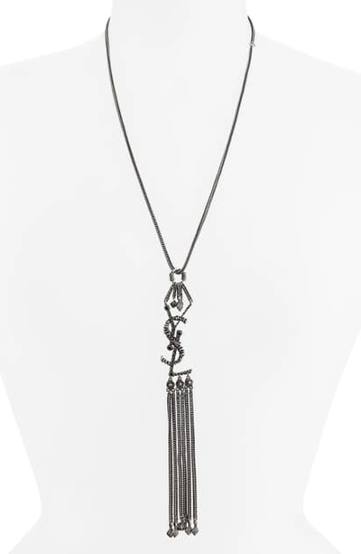 Shop Saint Laurent Tassel Pendant Necklace In Argent Oxyde/ Noir