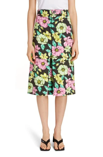 Shop Balenciaga Floral Print Cotton A-line Skirt In Black/ Green