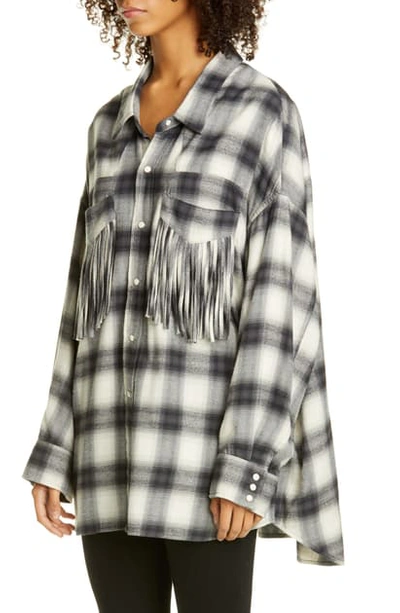 Shop R13 Fringe Pocket Plaid Shirt In Grey Plaid