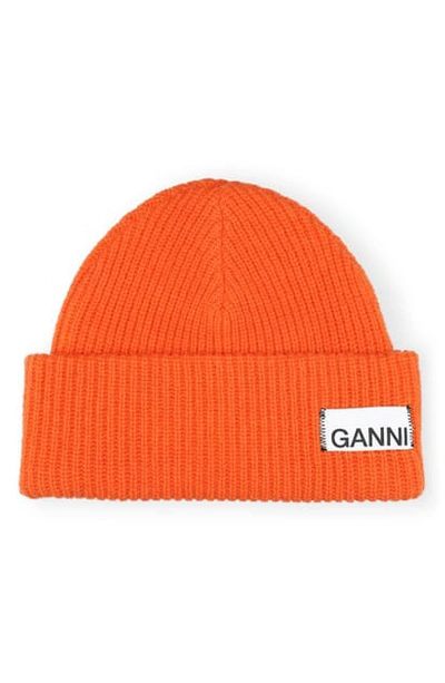 Shop Ganni Ribbed Wool Blend Beanie In Oriole