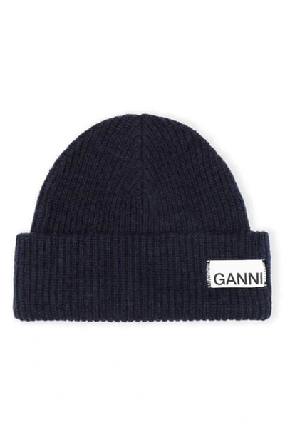Shop Ganni Ribbed Wool Blend Beanie In Total Eclipse