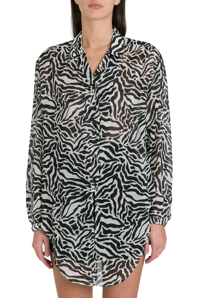 Shop Saint Laurent Tie-up Shark-collar Shirt In Tiger Wool Gauze In Bianco/nero