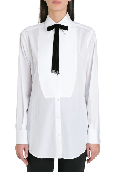 Shop Dolce & Gabbana Tuxed Shirt With Velvet Bow In Bianco