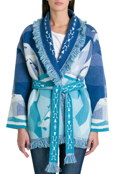 Shop Alanui Cardigan In Cashmere Con Motivo Paesaggio Ghiacciato Jacquard In Blu