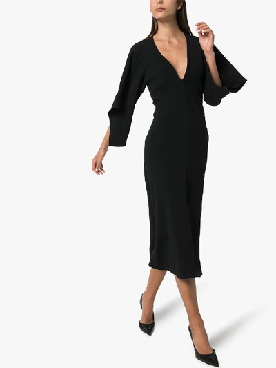 Shop Victoria Beckham Draped Sleeve Midi Dress In Black