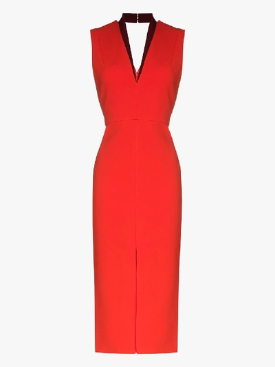 Shop Victoria Beckham V-neck Fitted Midi Dress In Red