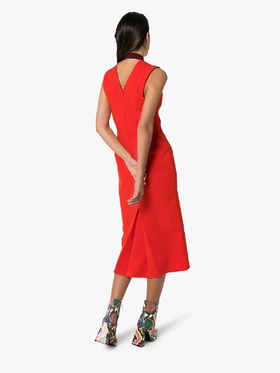 Shop Victoria Beckham V-neck Fitted Midi Dress In Red