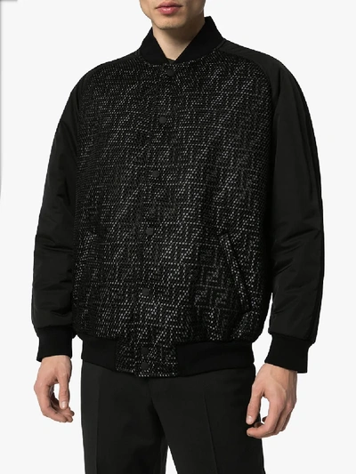 Shop Fendi Reflective Monogram Logo Bomber Jacket In Black