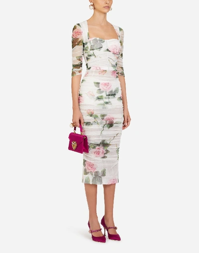 Shop Dolce & Gabbana Tulle Longuette Dress In Tropical Rose Print In Floral Print