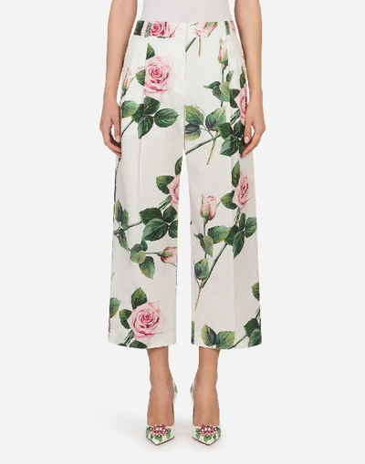 Shop Dolce & Gabbana Tropical Rose Print Poplin Wide Leg Pants In Floral Print