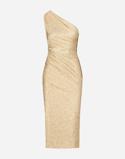 Shop Dolce & Gabbana One-shoulder Lamé Longuette Dress In Gold