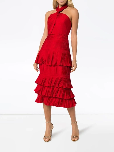 Shop Johanna Ortiz Eccentric Vibes Jacquard Halterneck Midi Dress In Red