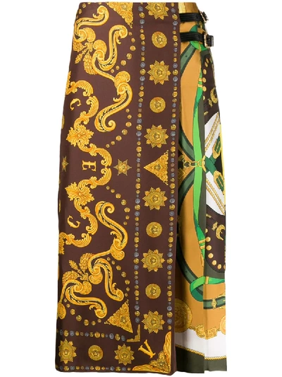 Shop Versace Scarf-style Print Midi Skirt In Brown
