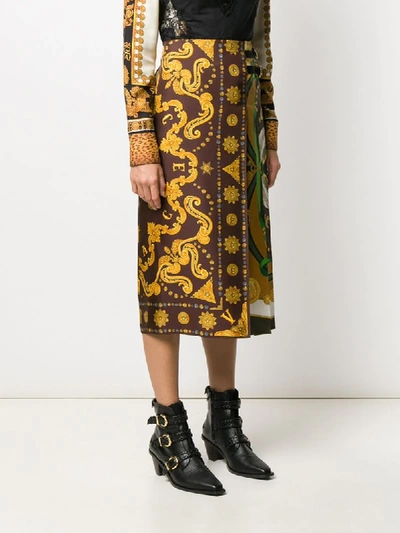 Shop Versace Scarf-style Print Midi Skirt In Brown