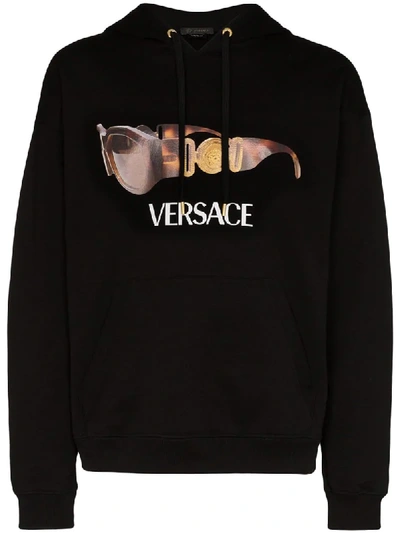 Shop Versace Sunglasses Logo Print Hoodie In Black