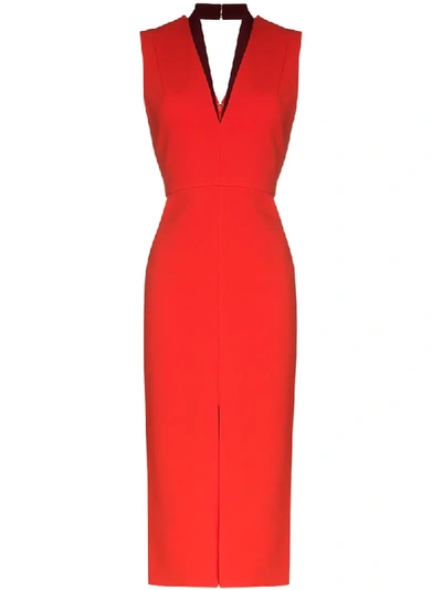 Shop Victoria Beckham V-neck Fitted Midi Dress In Red