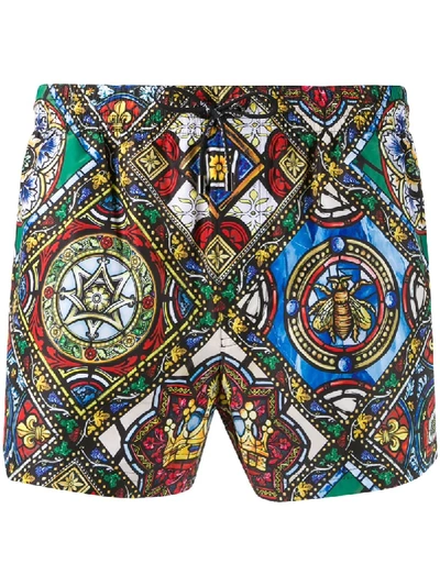 Shop Dolce & Gabbana Stained-glass Print Swim Shorts In Green