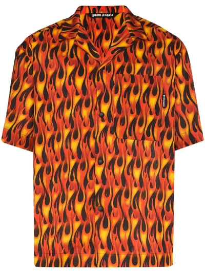 Shop Palm Angels Flame-print Bowling Shirt In Black