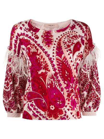 Shop Twinset Printed Feather Trim Jumper In Red