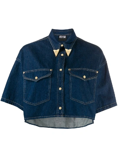 Shop Versace Jeans Couture Metal-tip Collar Cropped Denim Shirt In Blue