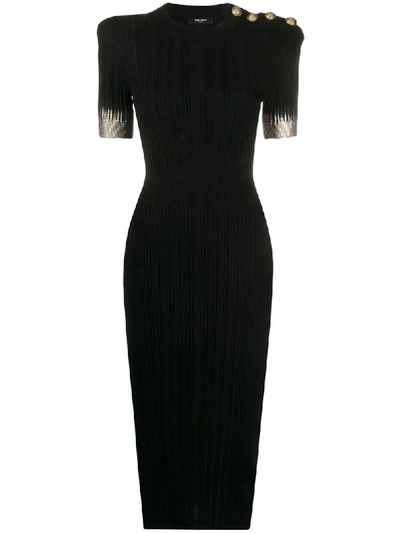 Shop Balmain Ribbed Metallic Detail Fitted Dress In Black