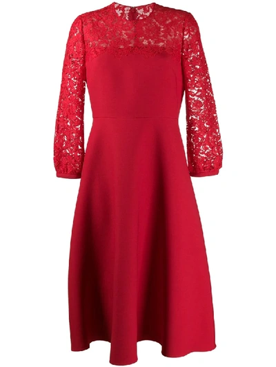 Shop Valentino Lace Panel Flared Dress In Red