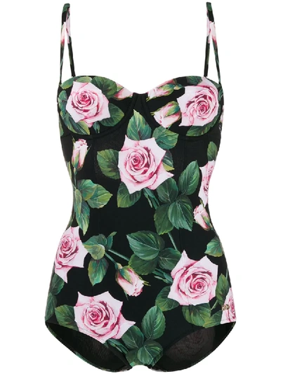 Shop Dolce & Gabbana Tropical Rose Print Swimsuit In Black