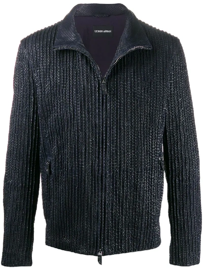 Shop Giorgio Armani Ribbed Zip-up Jacket In Blue