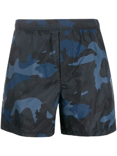 Shop Valentino Camouflage Printed Swim Shorts In Blue