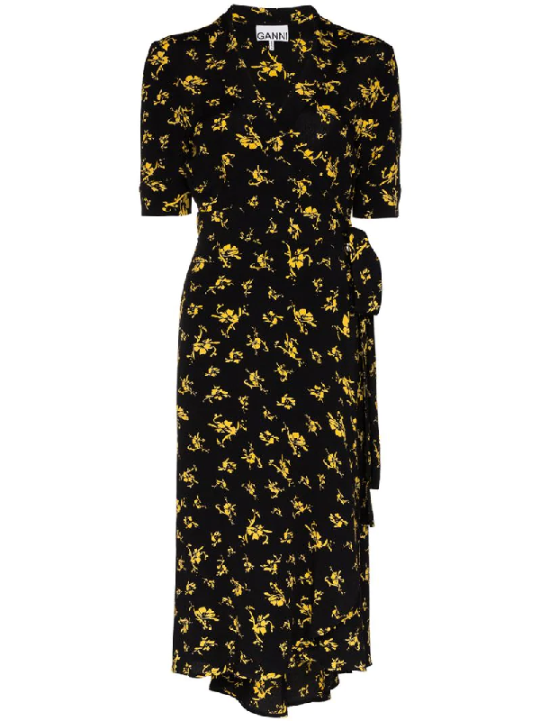 Ganni Floral-print Crepe Wrap Dress In Black | ModeSens
