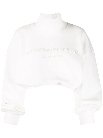 Alexander Wang Cropped Embroidered Cotton-jersey Turtleneck Sweatshirt In White